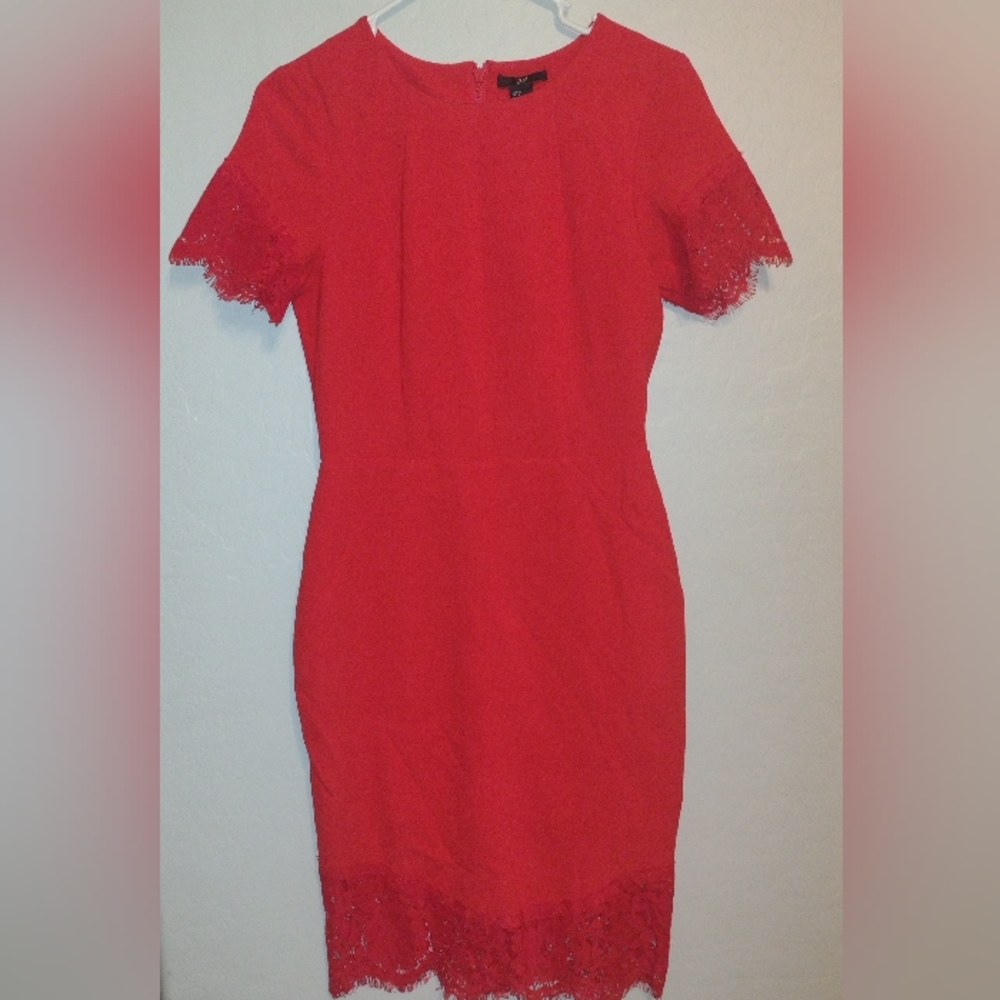 H&M Red Sheath Dress Lace Trim Knee Length Lined Church Corporate Midi Womens-6